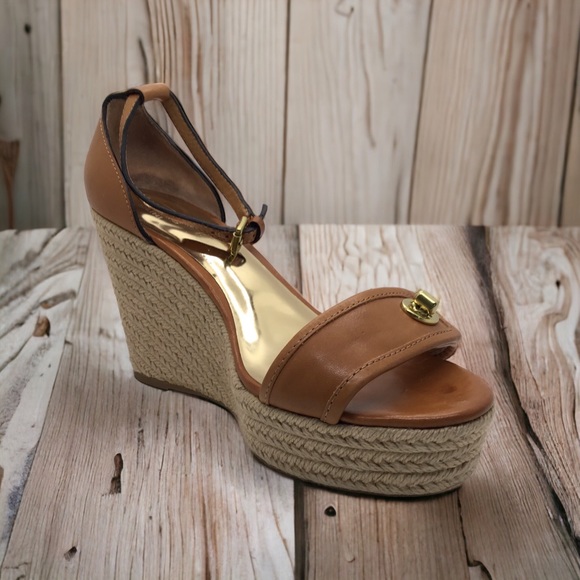 Coach Shoes - Coach Wedge Adjustable Ankle Straps Sandals Tan Leather trim Size 10B